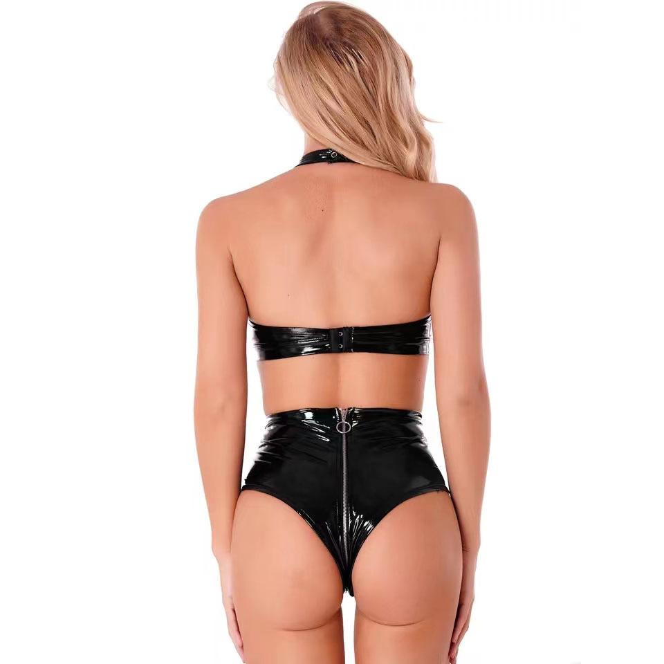 Sexy Black Shiny Pu Latex Leat - Plunge Bra Push Up recension och pris